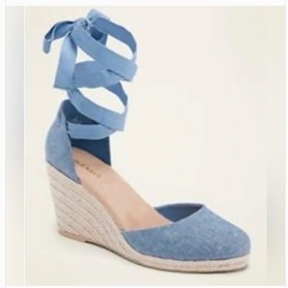 Old Navy Womens Size 8 Chambray Espadrille Wedge Shoes Ankle Ribbon Ties Sandals